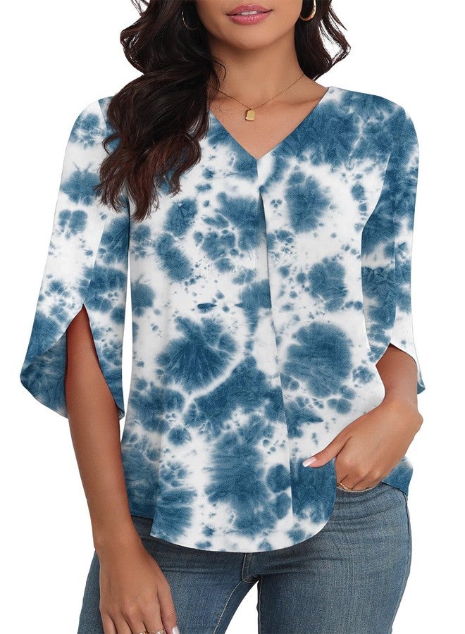 LAOLASI Womens Blouses Dressy Casual Chiffon Tops and Blouses V-Neck 3/4 Sleeve Blouse Tops Shirts for Work,Blue Tie dye,S - Image 1